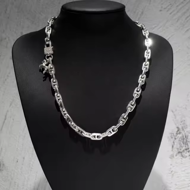925 Sterling Silver Anchor Chain Necklace Handcrafted Moissanite Clasp 8mm 20
