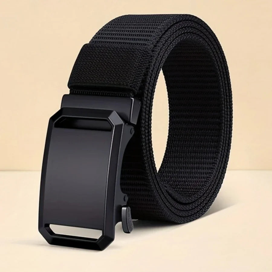 Black belt with a black buckle on a beige background