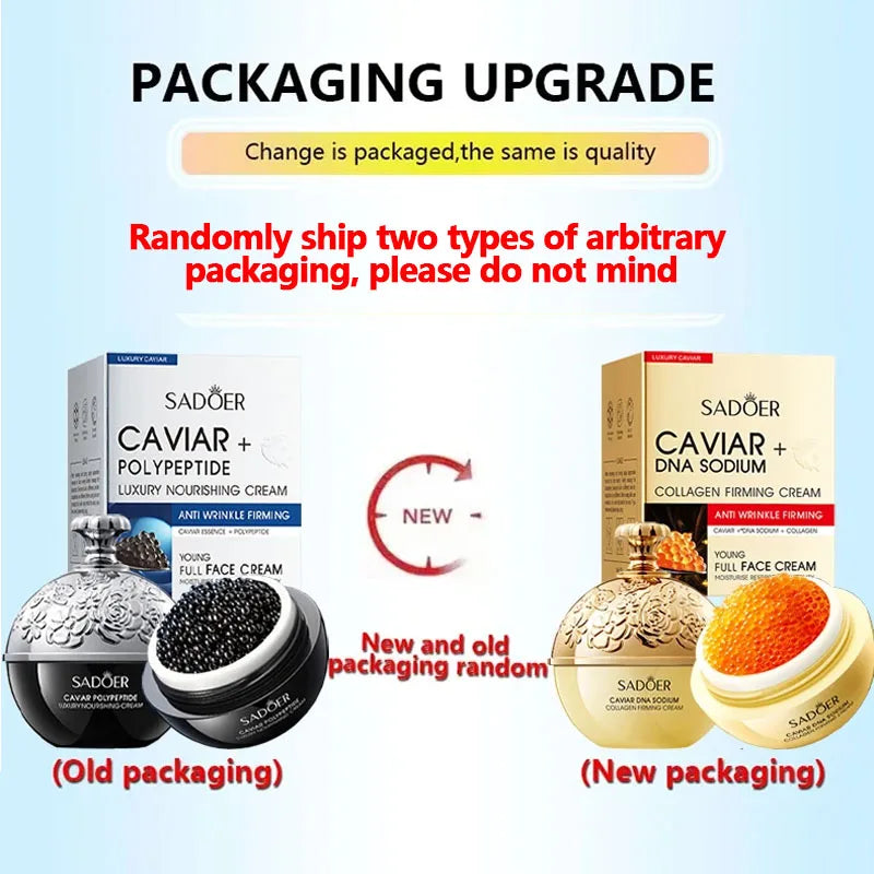 Comparison of old and new packaging for SADÓER CAVIAR + POLYPEPTIDE and SADÓER CAVIAR + DNA SODIUM skincare products.
