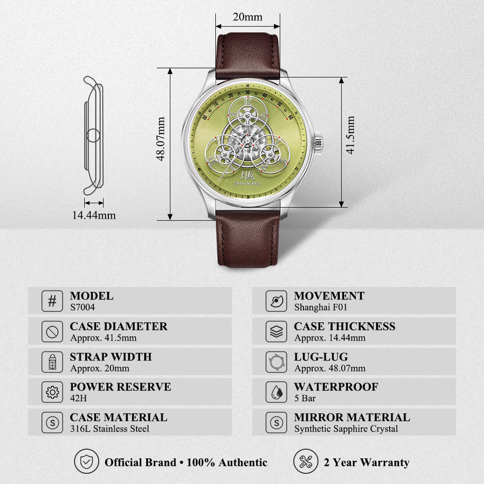 Shanghai Watch S7004 Magic Formula automatic skeleton watch with olive green dial and brown leather strap front view