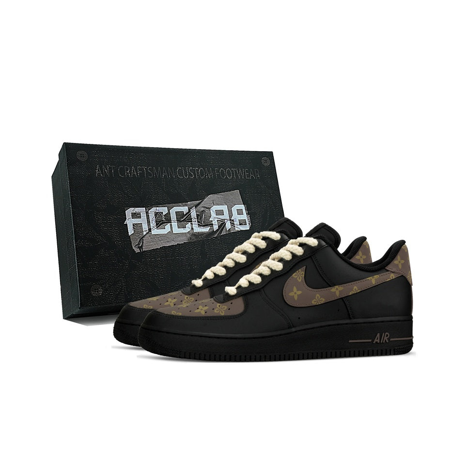 Custom black brown monogram sneakers heel view pair