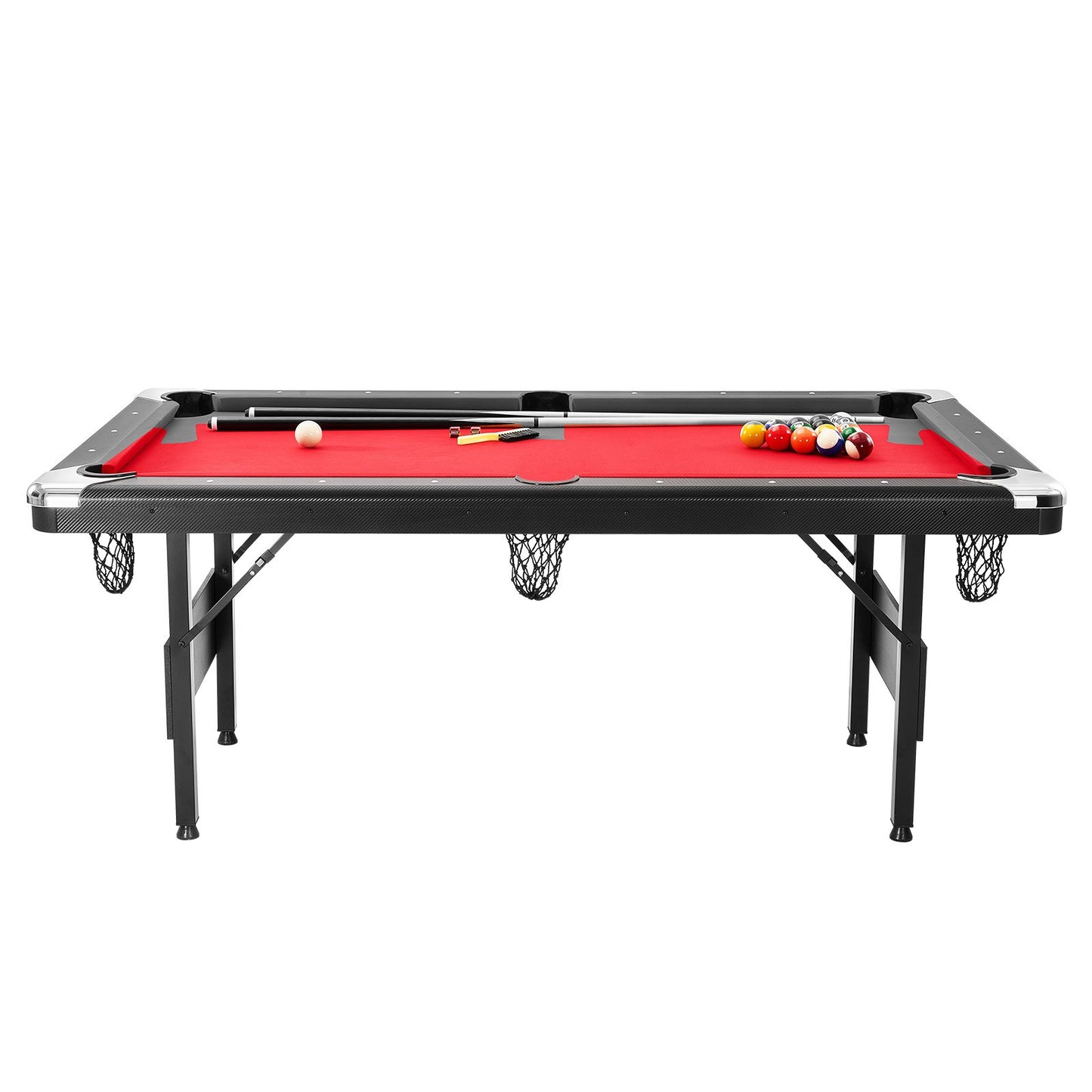 Billiards Table, 192 Cm Pool Table, Portable Foldable Space-Saving Table, Billiard Table Set Includes Balls, Cues, Chalks And Brush, Black With Red Cloth, Perfect For Family Game Room Kid Adult - Teglex