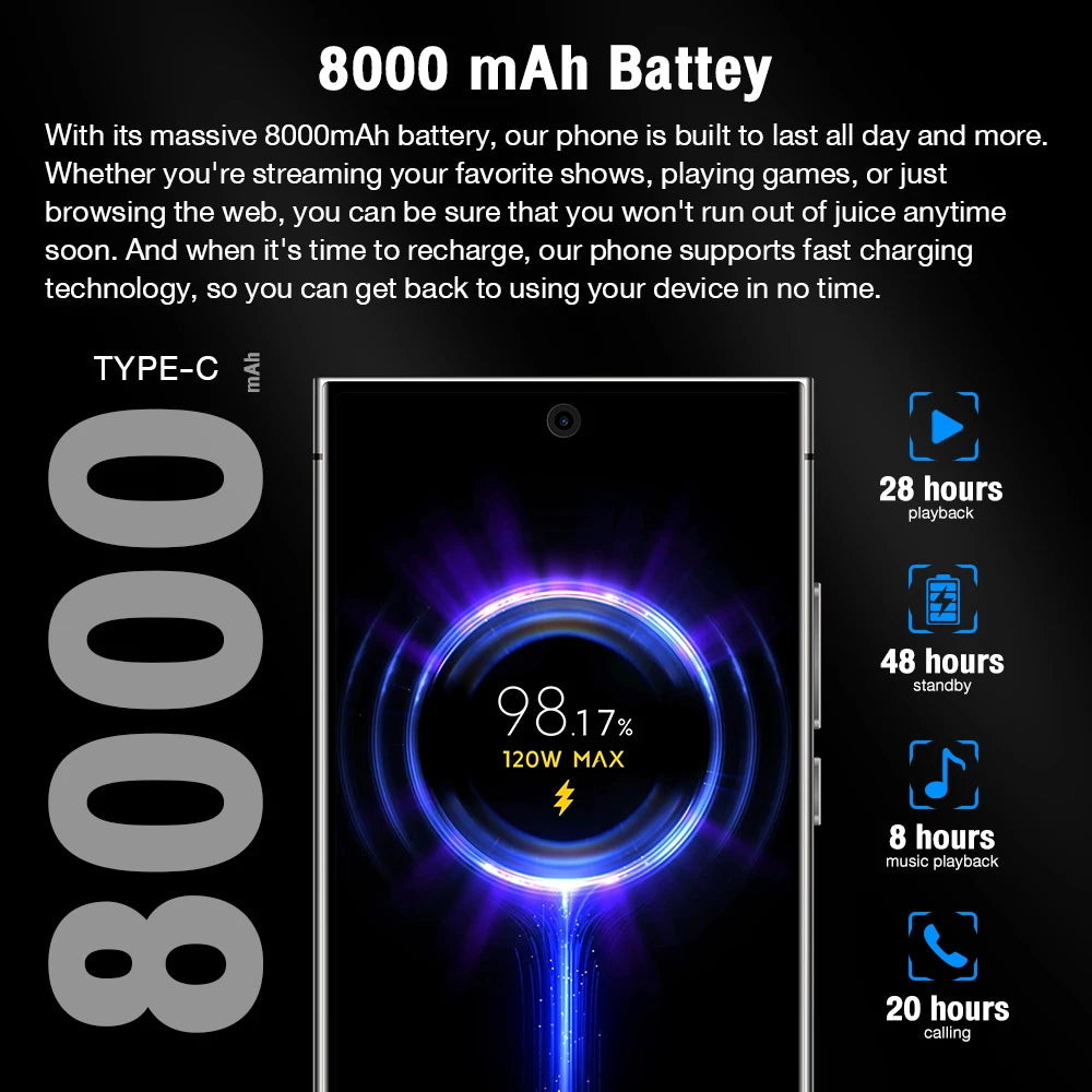S26 Ultra Smart Phone 7.3" HD 7800mAh Dual SIM