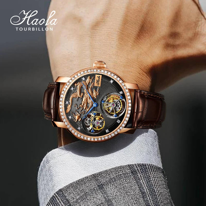 Luxury watch with intricate design on a wrist, brand 'Haola' visible