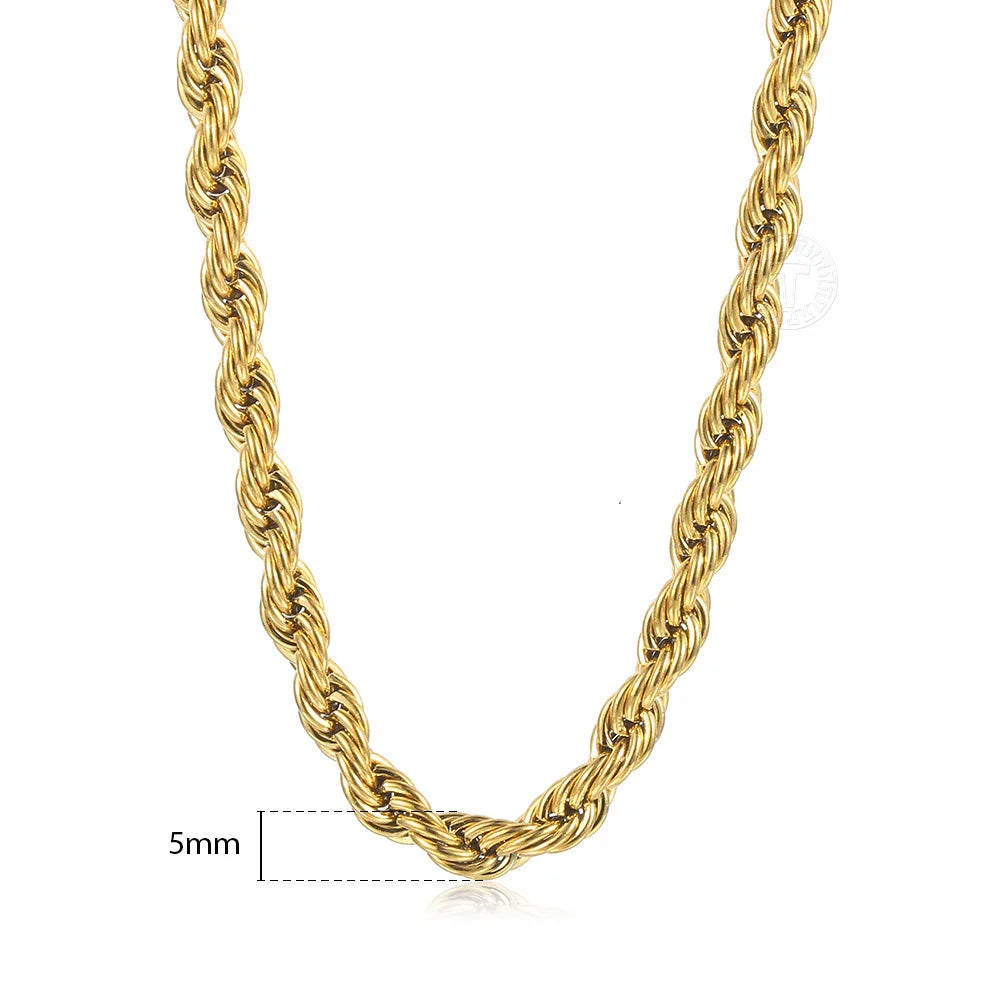 Twisted Rope Chain Necklace Gold Steel 3-7mm Men
