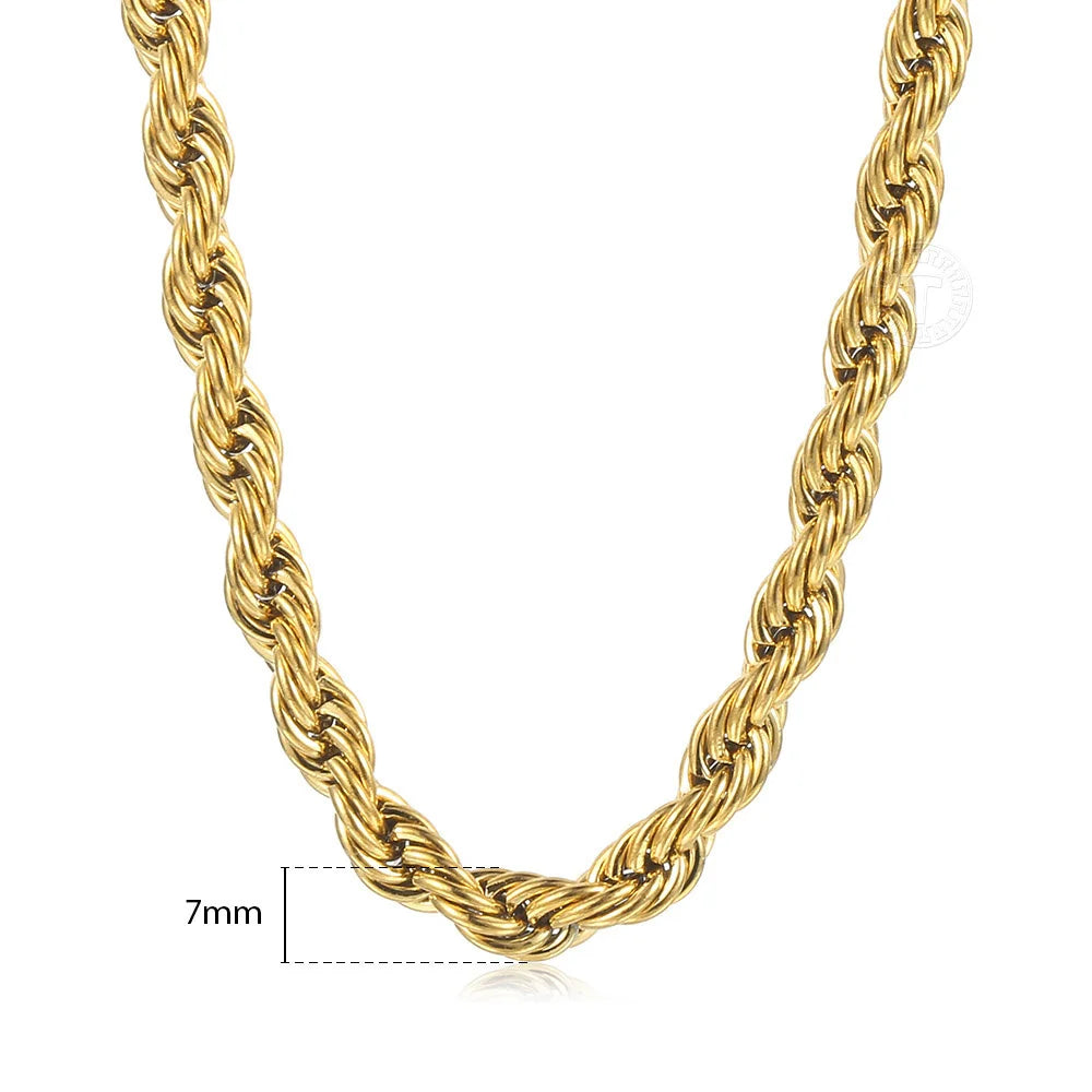 Twisted Rope Chain Necklace Gold Steel 3-7mm Men