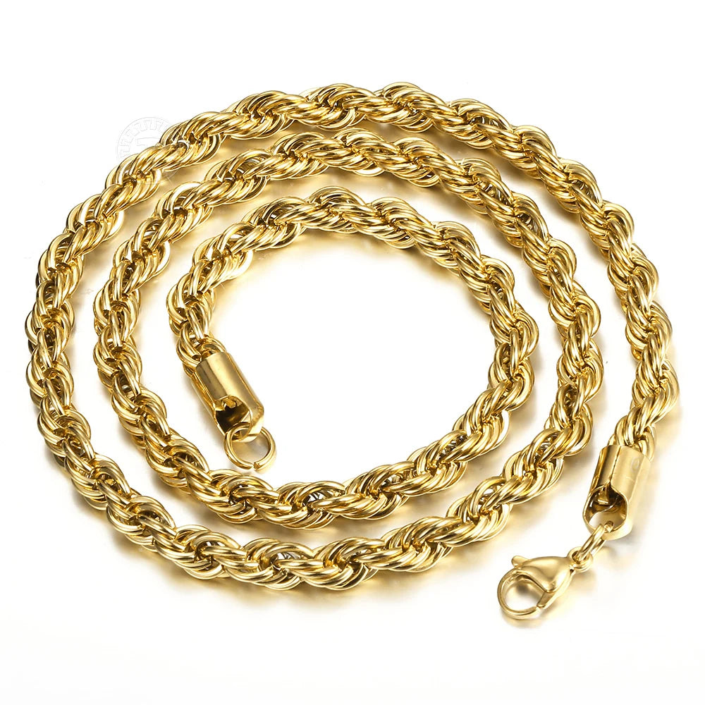 Twisted Rope Chain Necklace Gold Steel 3-7mm Men