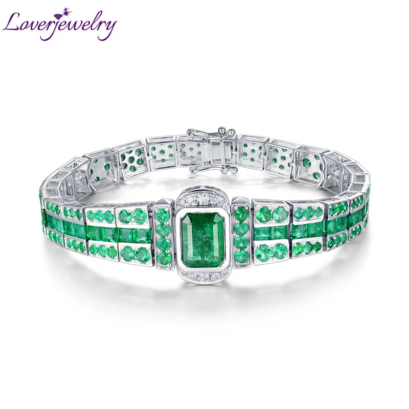 LOVERJEWELRY Green Emerald Bangles Real 18Kt Au750 White Gold Unisex Bracelets Jewelry for Women Men Anniversary Party Gifts