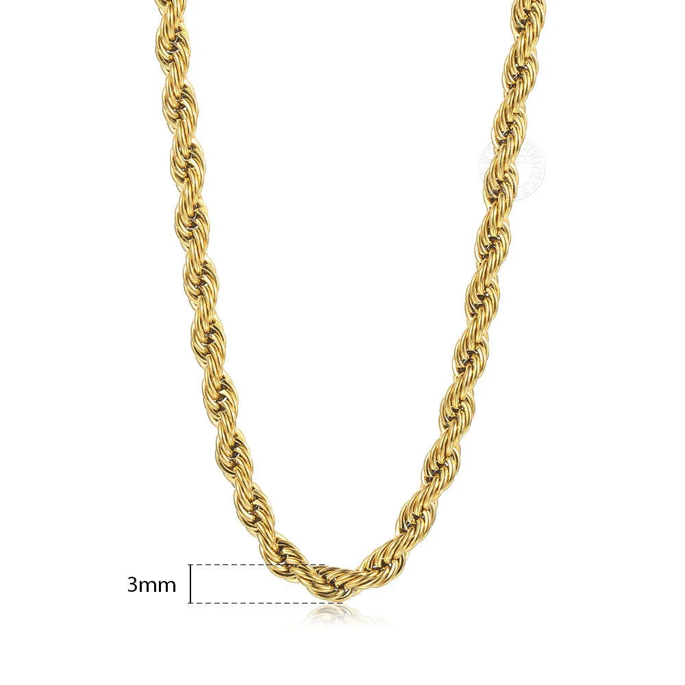 Twisted Rope Chain Necklace Gold Steel 3-7mm Men