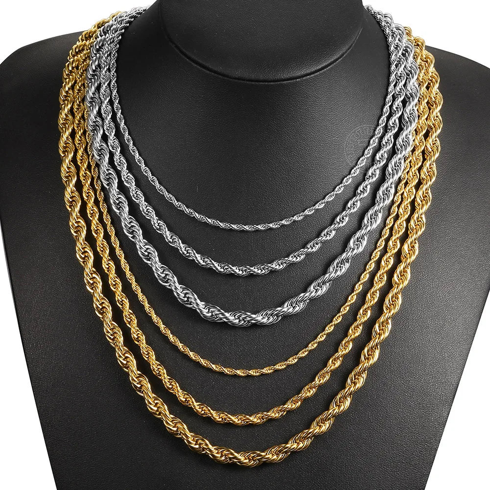 Twisted Rope Chain Necklace Gold Steel 3-7mm Men