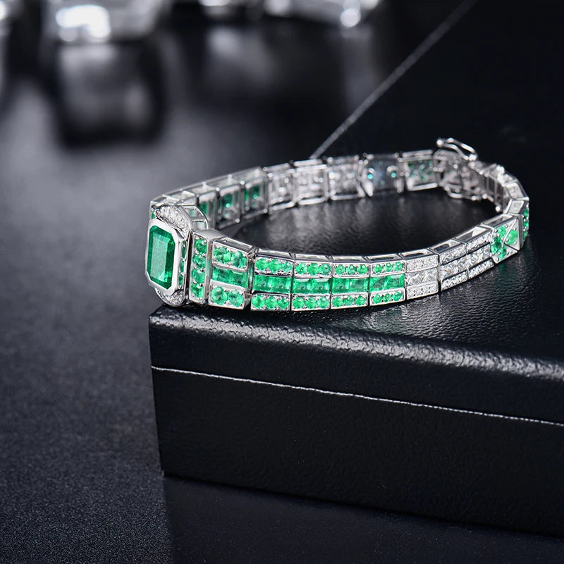 LOVERJEWELRY Green Emerald Bangles Real 18Kt Au750 White Gold Unisex Bracelets Jewelry for Women Men Anniversary Party Gifts
