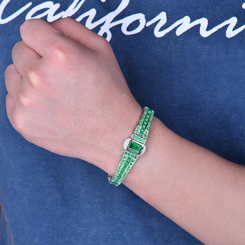 LOVERJEWELRY Green Emerald Bangles Real 18Kt Au750 White Gold Unisex Bracelets Jewelry for Women Men Anniversary Party Gifts