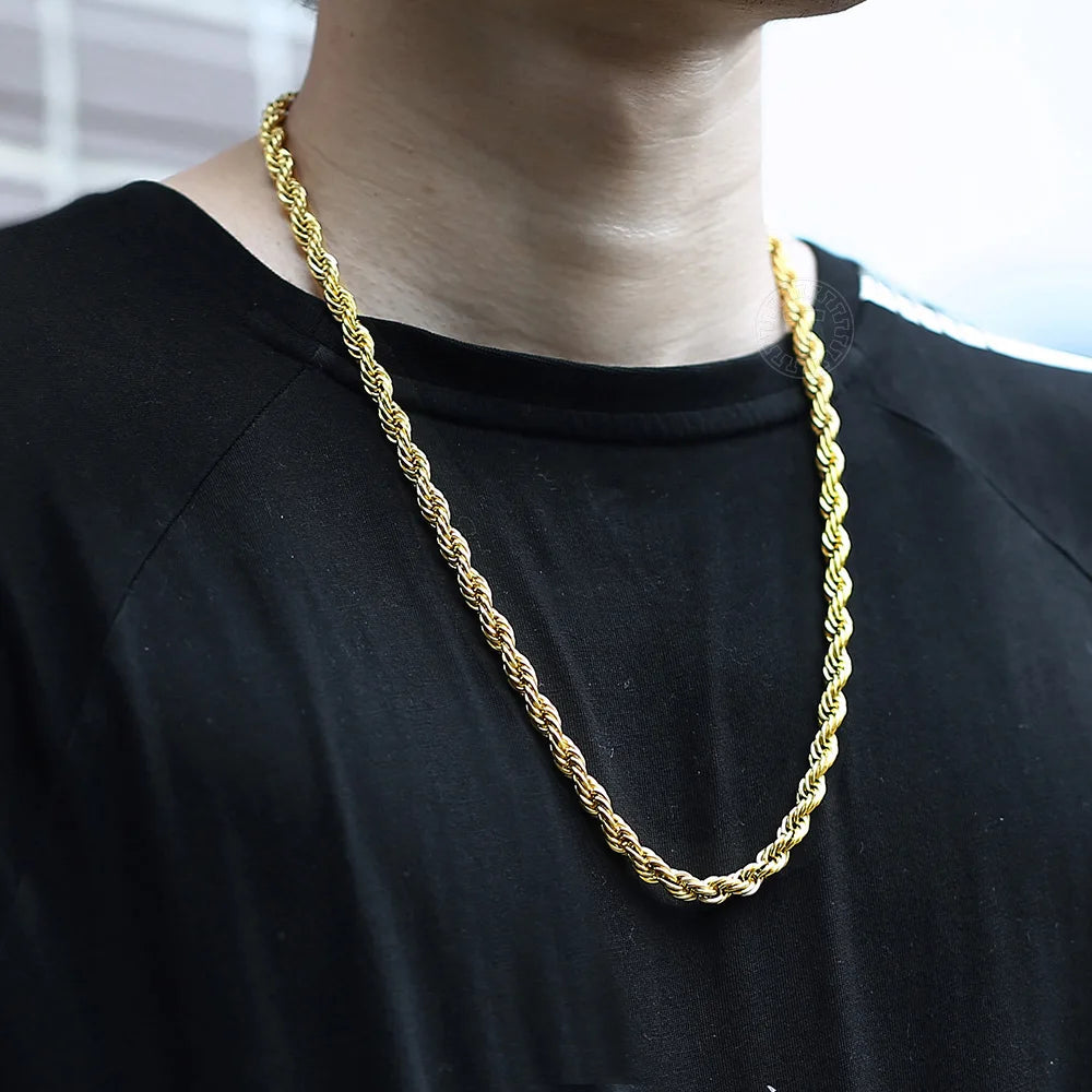 Twisted Rope Chain Necklace Gold Steel 3-7mm Men