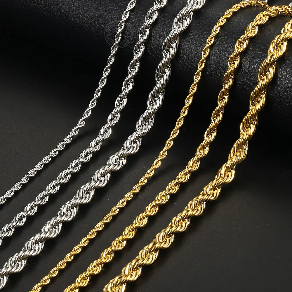 Twisted Rope Chain Necklace Gold Steel 3-7mm Men