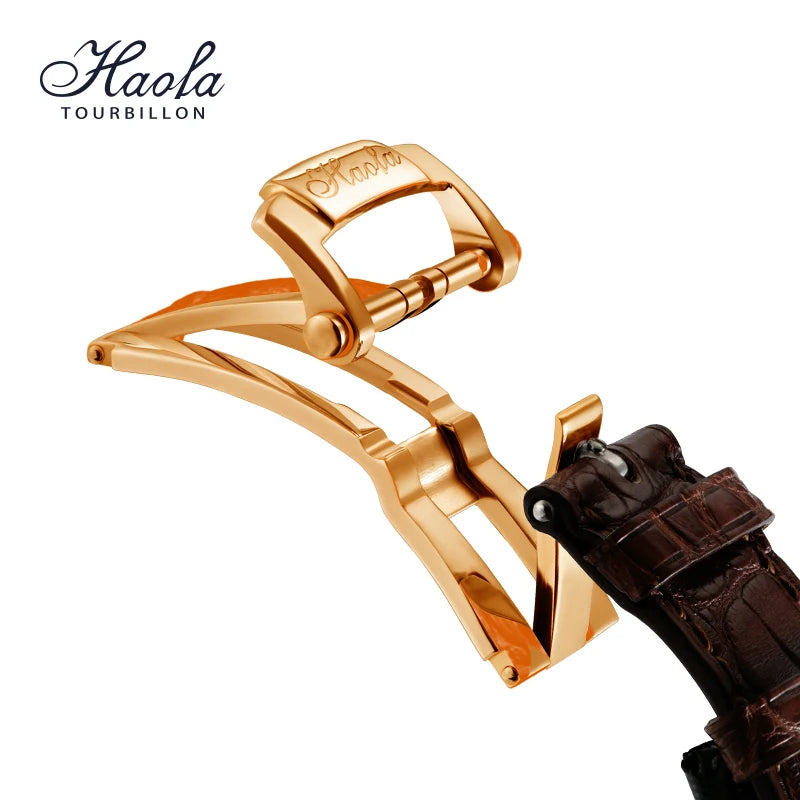 Gold watch buckle with brown leather strap on a white background, featuring the brand 'Haola'.