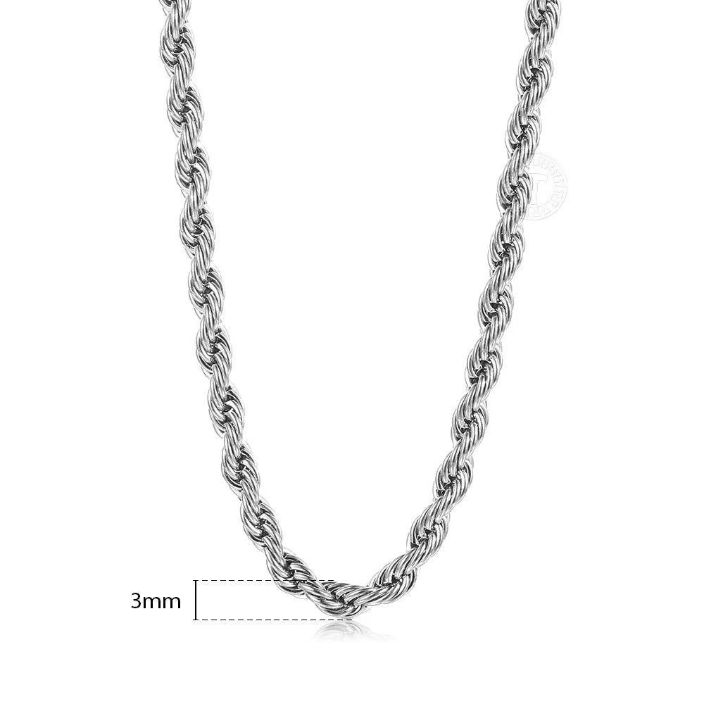 Twisted Rope Chain Necklace Gold Steel 3-7mm Men