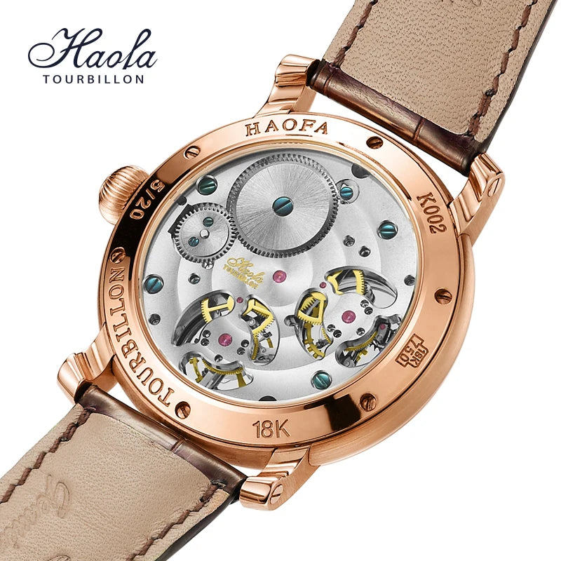 Haofa tourbillon watch with rose gold case and beige leather strap on a white background