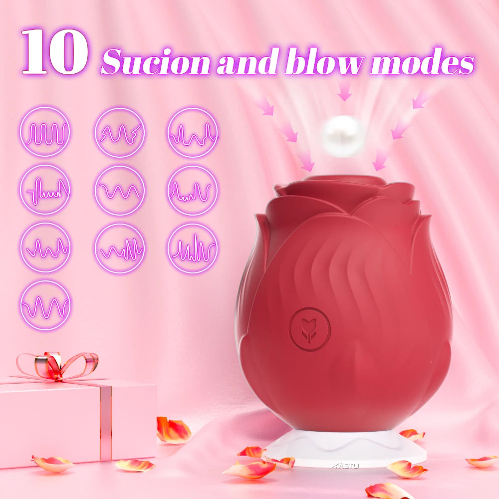 Pink rose-shaped device with suction and blow modes on a pink background