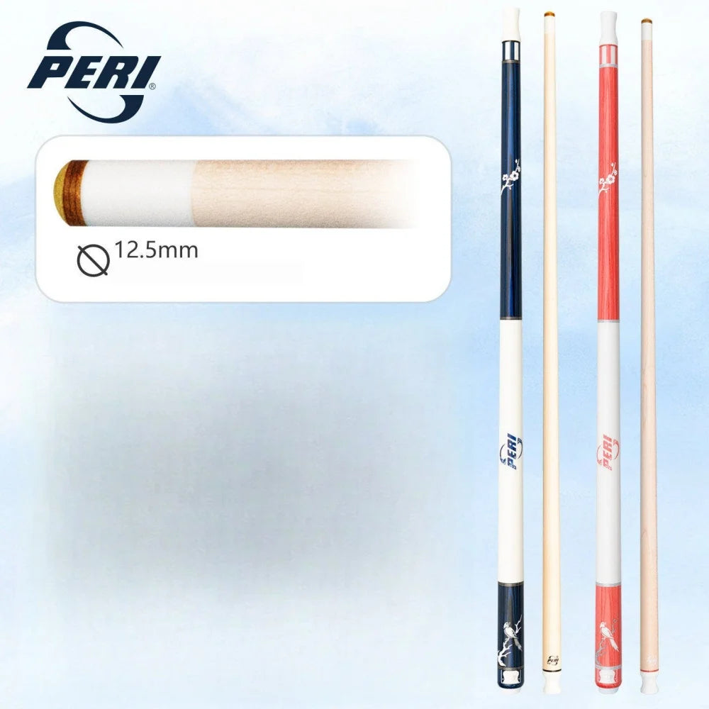Three pool cues with PERI branding on a light blue background