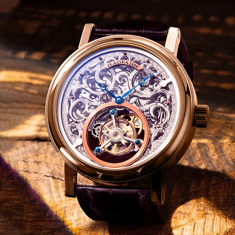 18K Gold Tourbillon Watch | Hollow Carving Sapphire