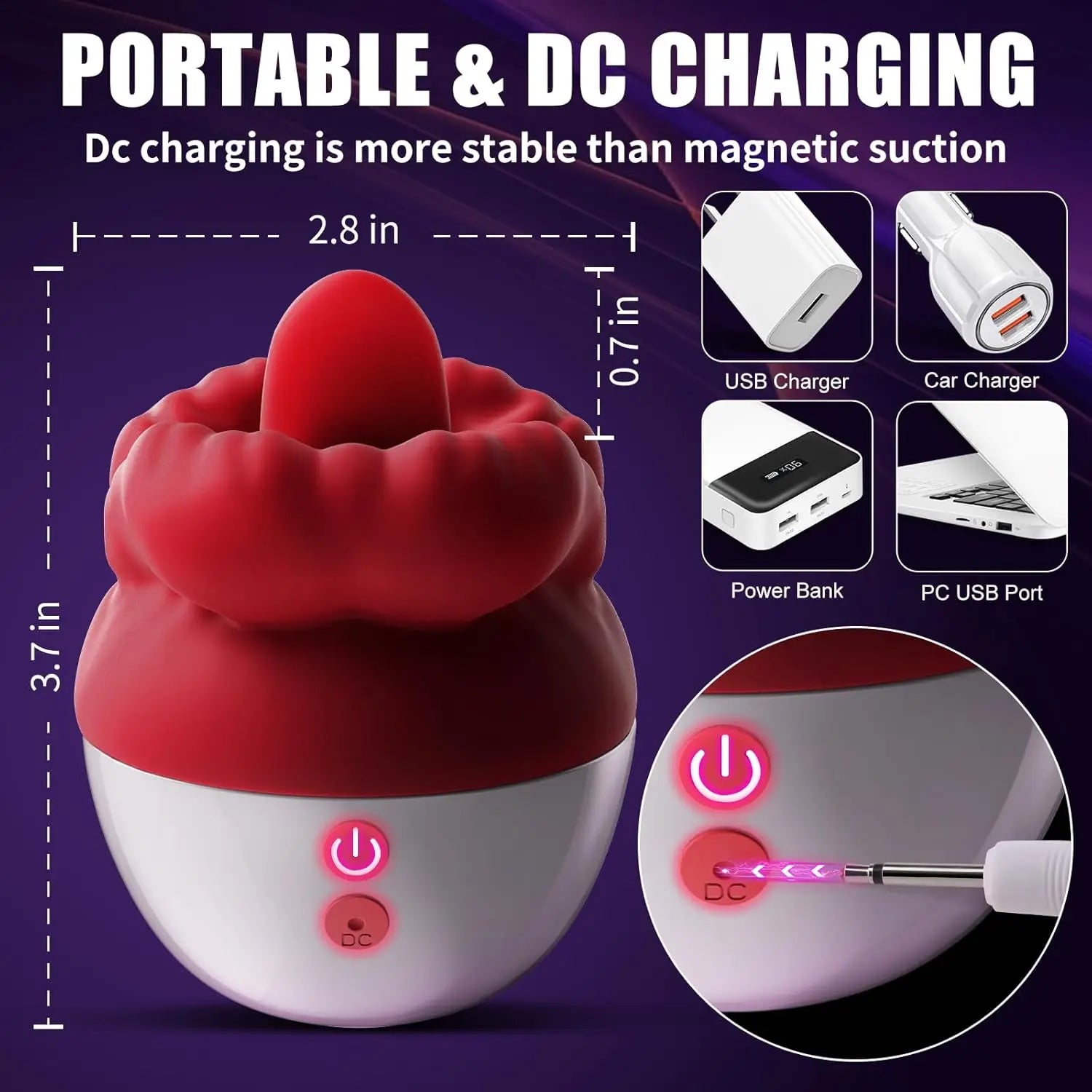 Red and white device with charging options on a purple background