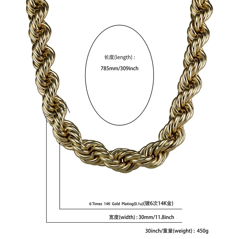 20/30/35MM Twist Rope Chain Necklace Hip Hop Men