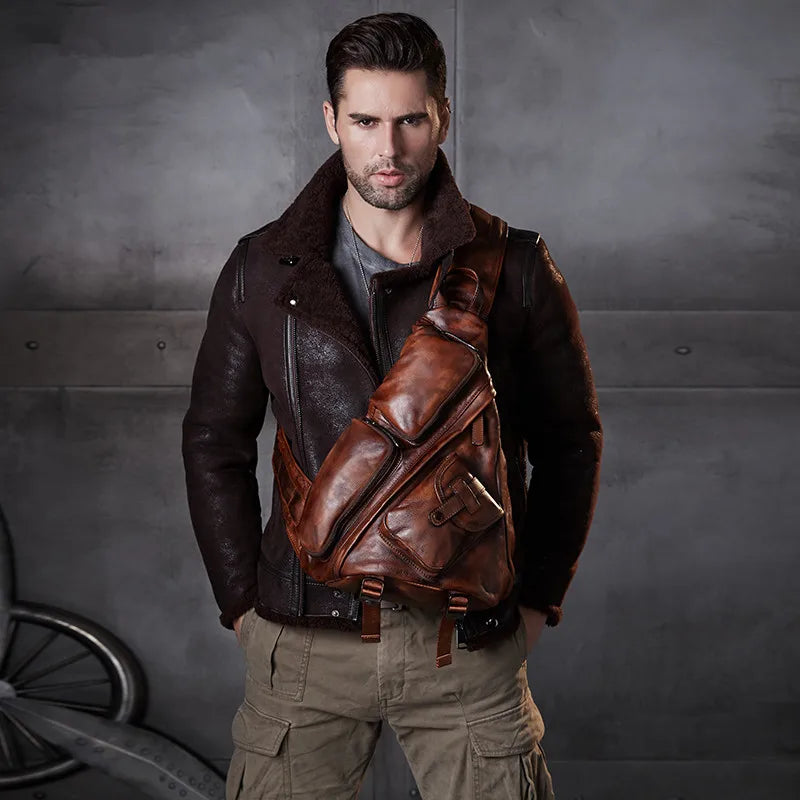 Genuine Leather Premium Chest Bag Shoulder Slung Bag B6 Large Capacity Soft Feel