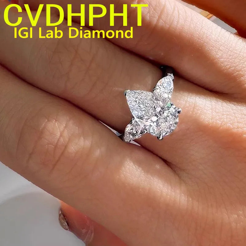 Diamond ring on a hand with 'CVDHPHT IGI Lab Diamond' text overlay