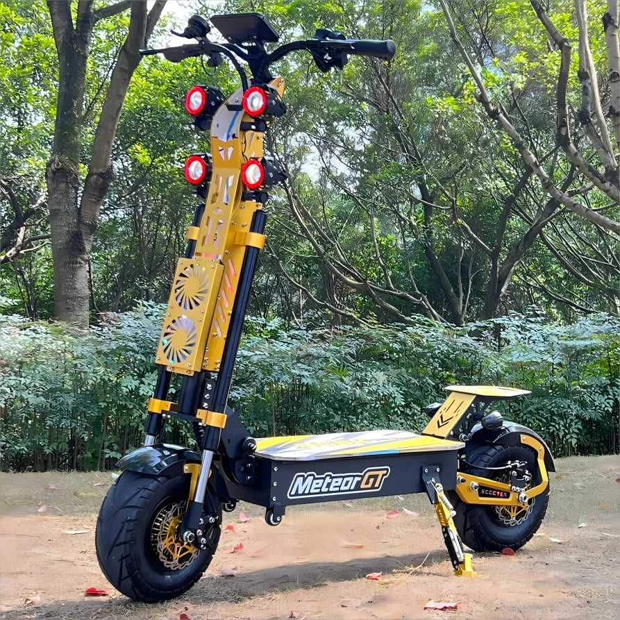 Yellow and black electric scooter with 'Meteor GT' branding in a forest setting