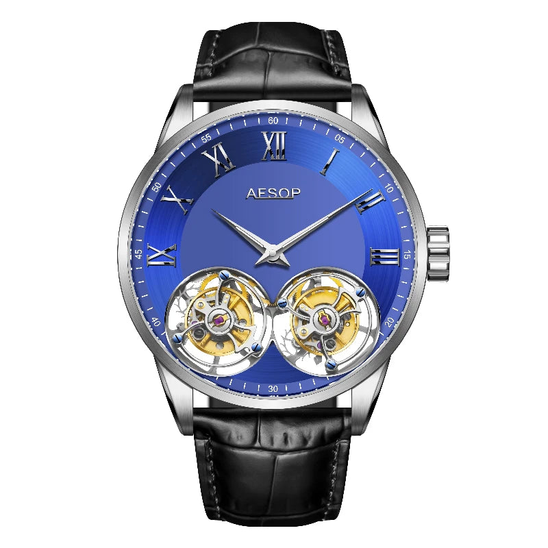 Double Tourbillon Manual Mechanical Watch 40H Power Reserve Sapphire Crystal Watch