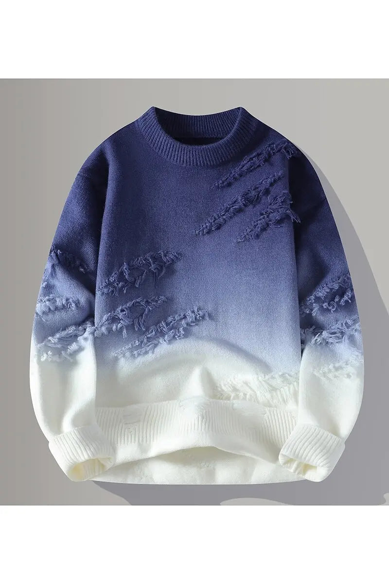 Blue and white sweater with lace details on a gray background