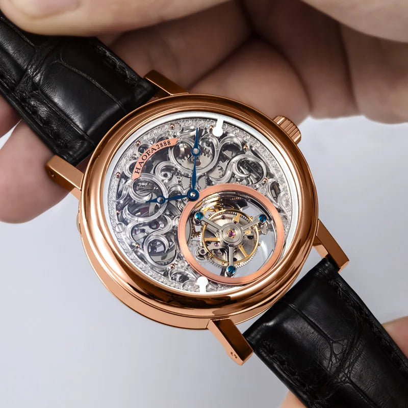 18K Gold Tourbillon Watch | Hollow Carving Sapphire