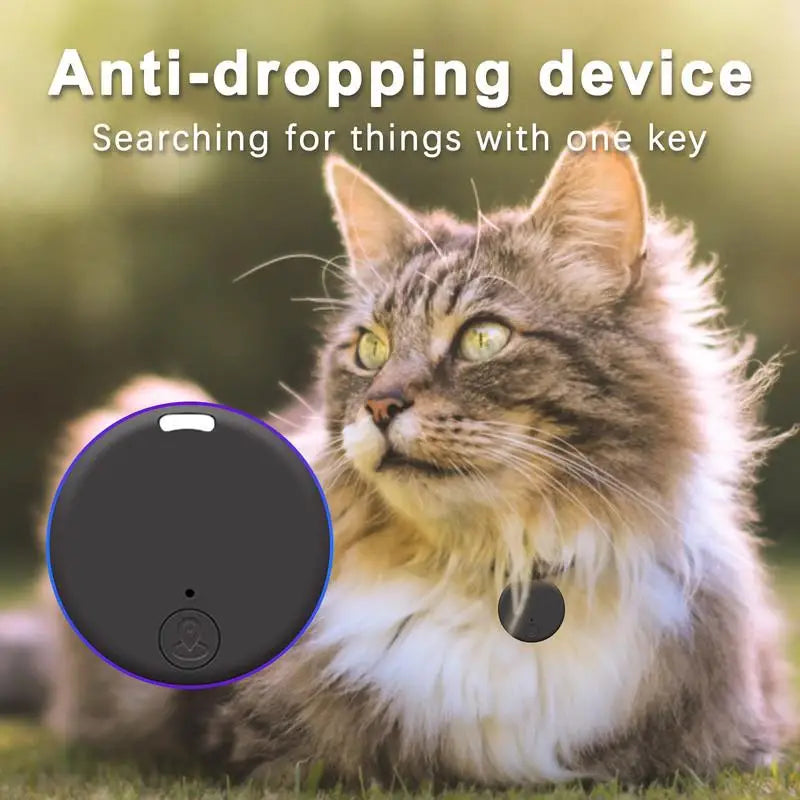 Cat sitting on grass with an anti-dropping device and text overlay