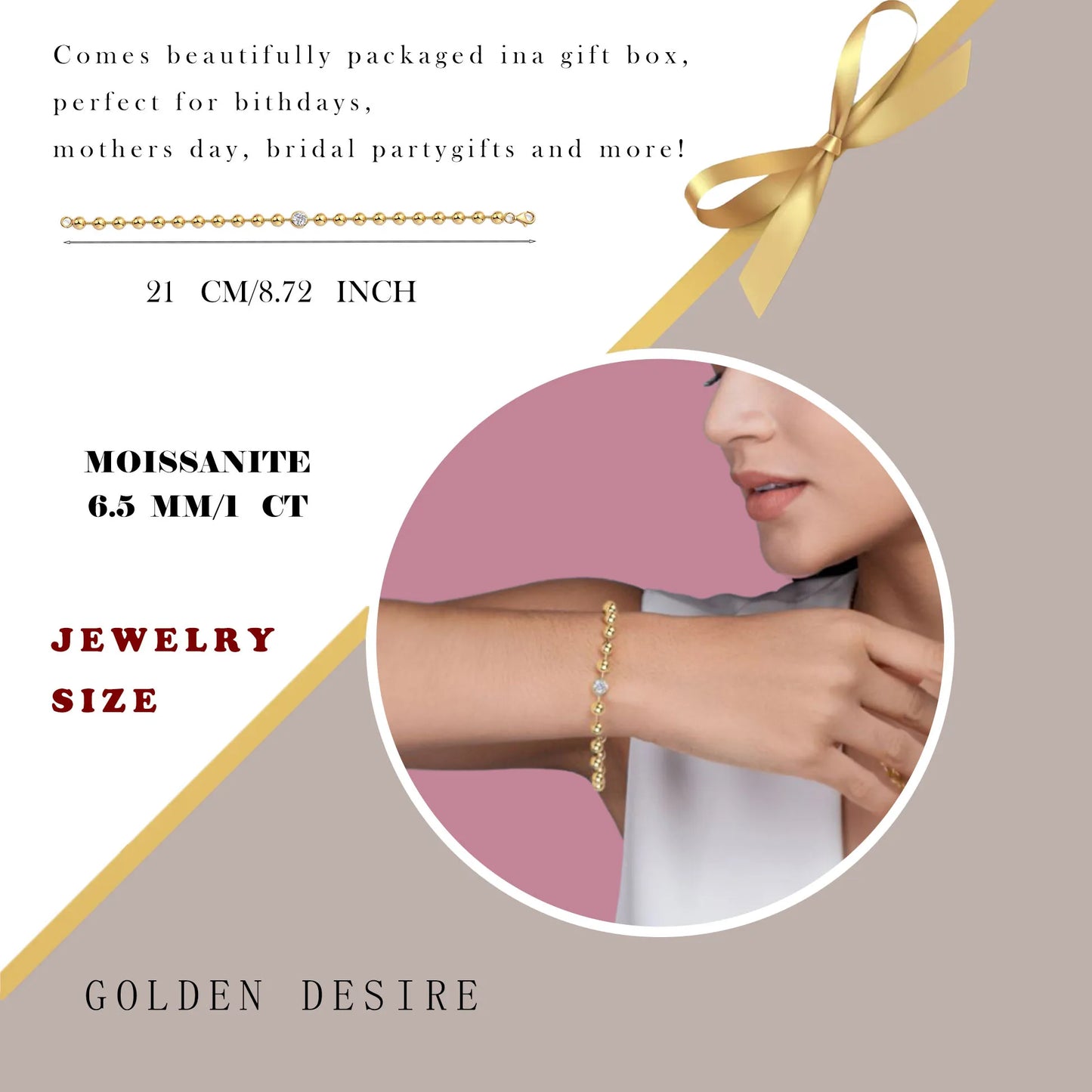 Moissanite Beaded Bracelet 18K Gold Plated S925