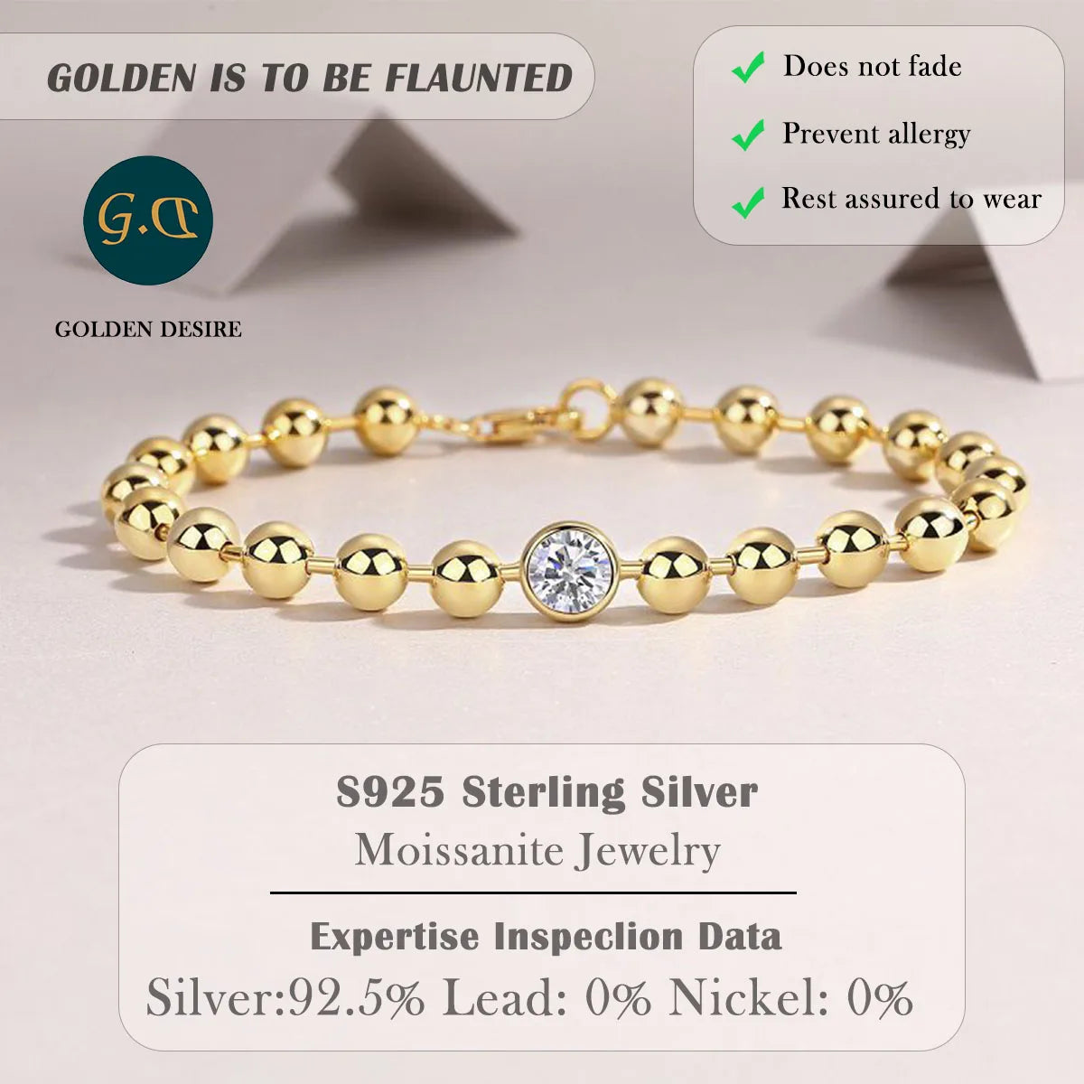 Moissanite Beaded Bracelet 18K Gold Plated S925