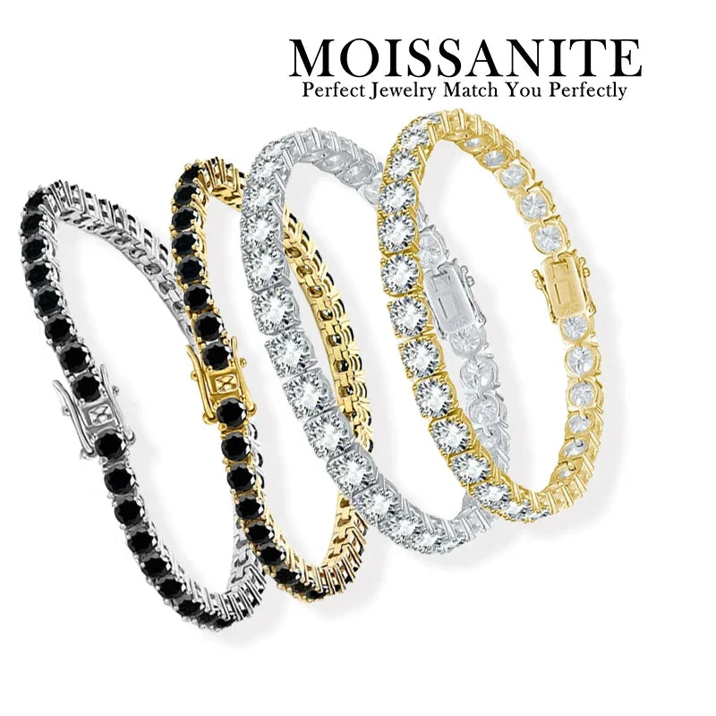 Four moissanite jewelry pieces in black, gold, silver, and a mix of colors on a white background with 'Moissanite' branding.