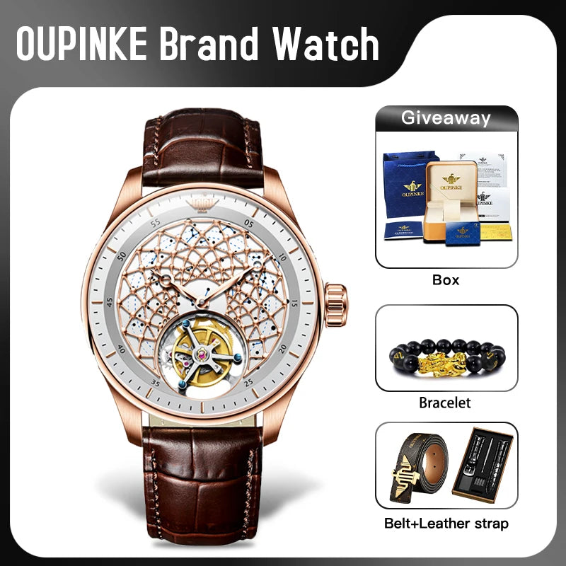 A luxury wristwatch with a rose gold case, a white dial featuring a skeletonized web pattern and a visible gold-tone mechanical movement, and a dark brown leather strap. The image is branded 'OUPINKE Brand Watch' and includes three inset boxes on the right showing a gift box, a bracelet, and a belt with leather strap.