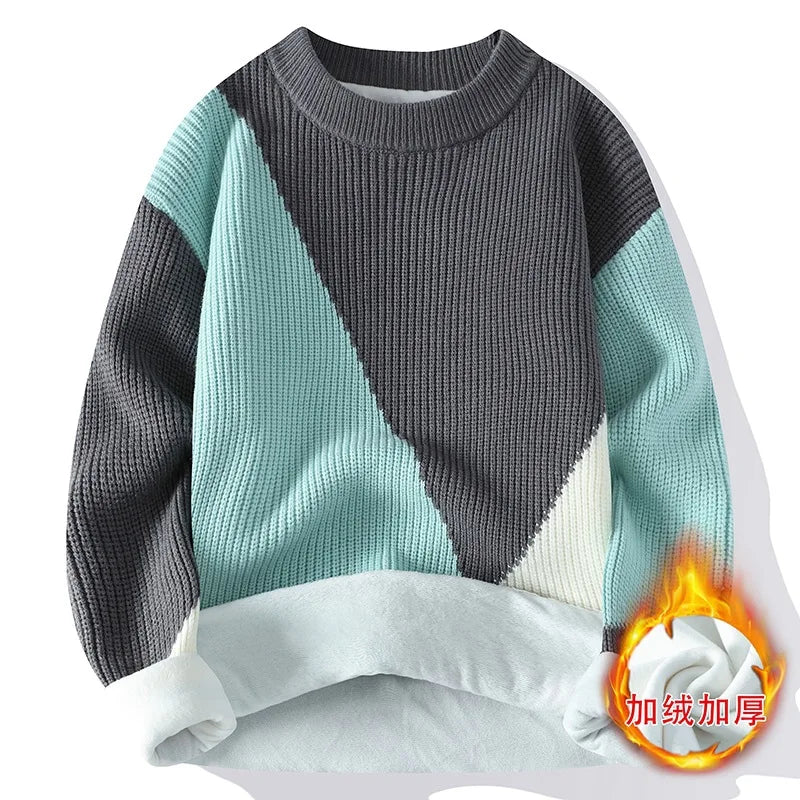 Color-blocked sweater with gray and light blue design on a white background