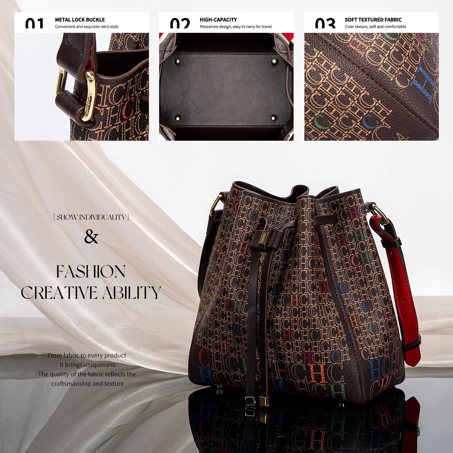 Women's Drawstring Bucket Bag Letter Wallet