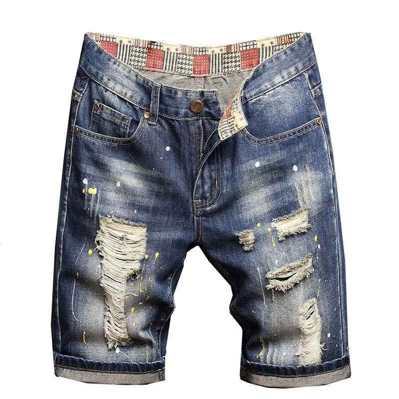 Ripped Blue Denim Shorts Casual Pockets Patch Shorts