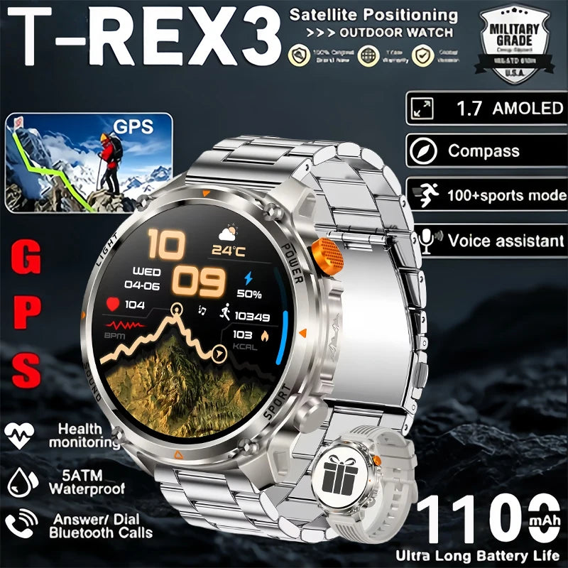 T-Rex Pro Military Smartwatch 5ATM AMOLED Dual-Band Casual