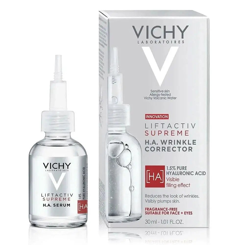 Vichy Liftactiv Supreme H.A. Wrinkle Corrector serum bottle and packaging on a white background