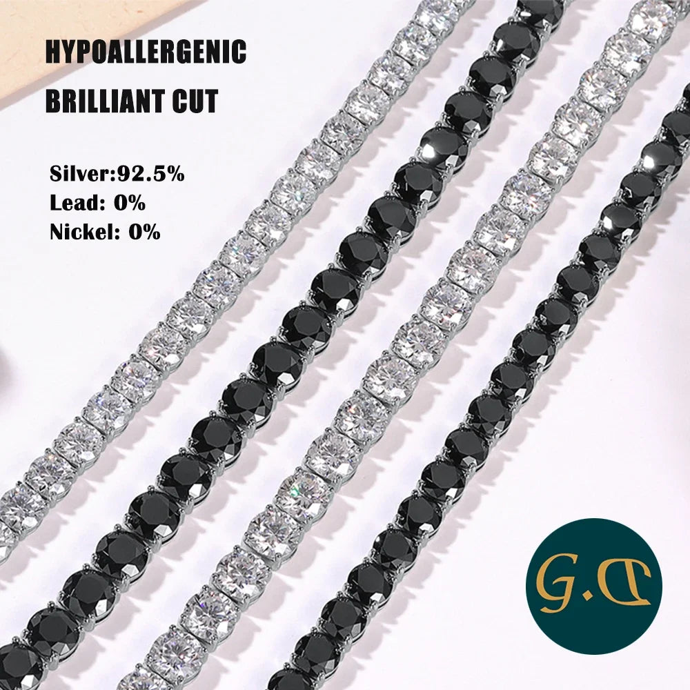 Three diamond bracelets in silver, black, and white on a light background with 'G.C' logo.