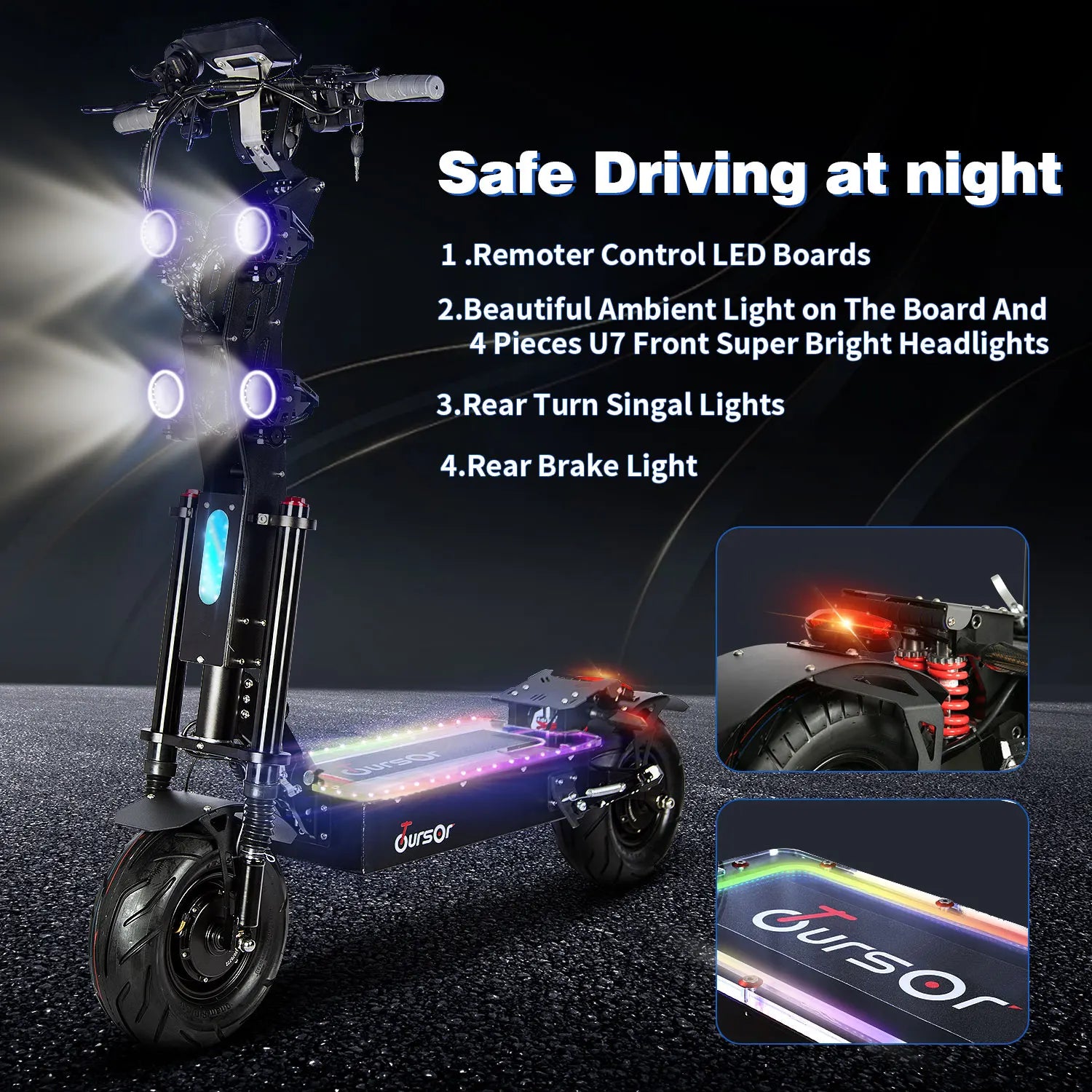 Electric scooter with night-time lighting features on a dark background
