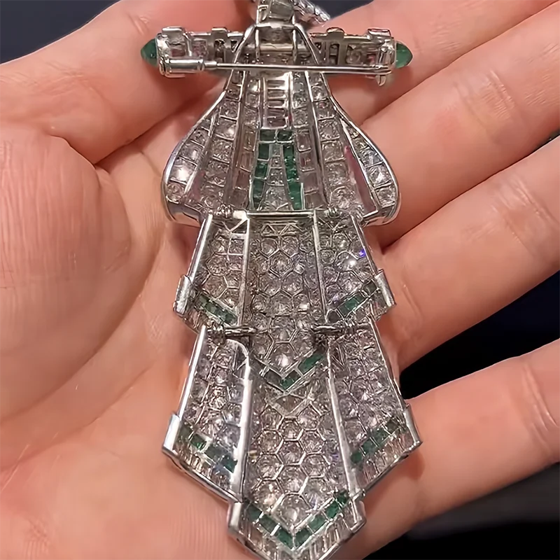 Lab Diamond Brooch Necklace – Round & Emerald Cut Gem