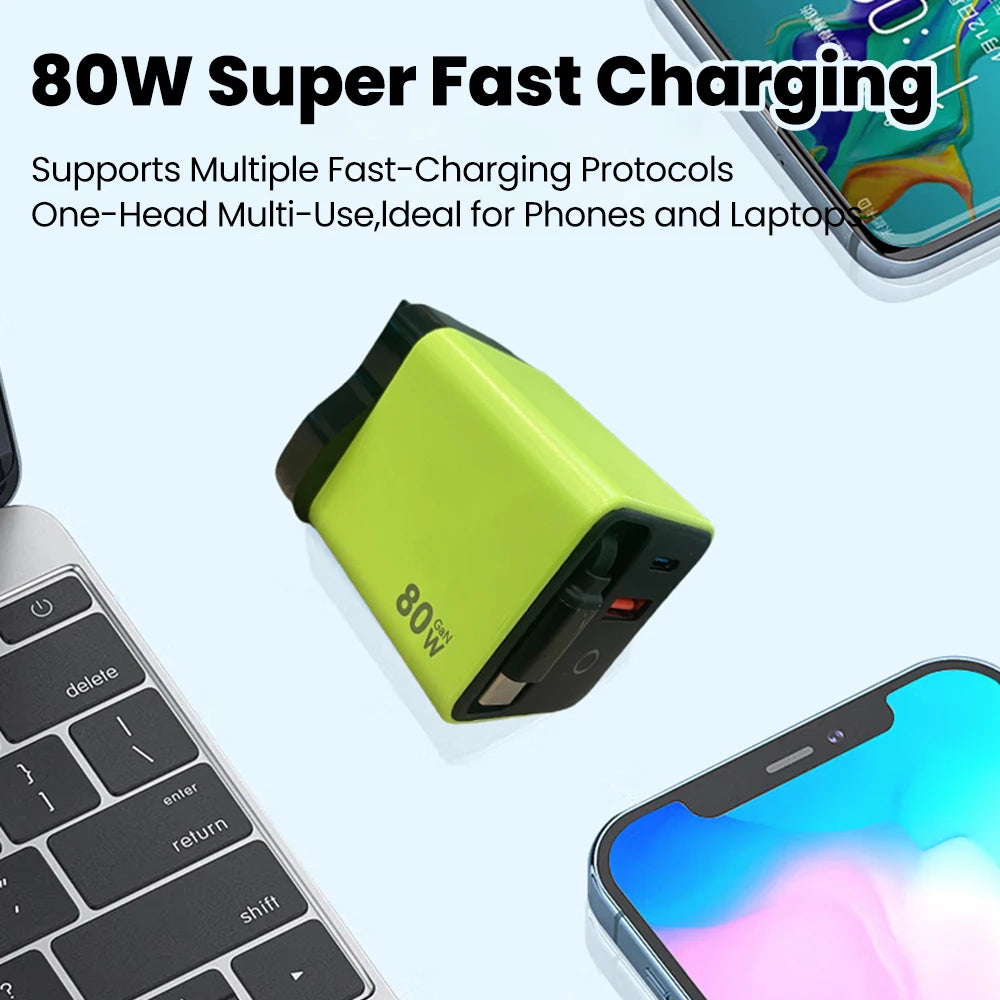 80W Super Fast USB-C Charger Telescopic Cable LED