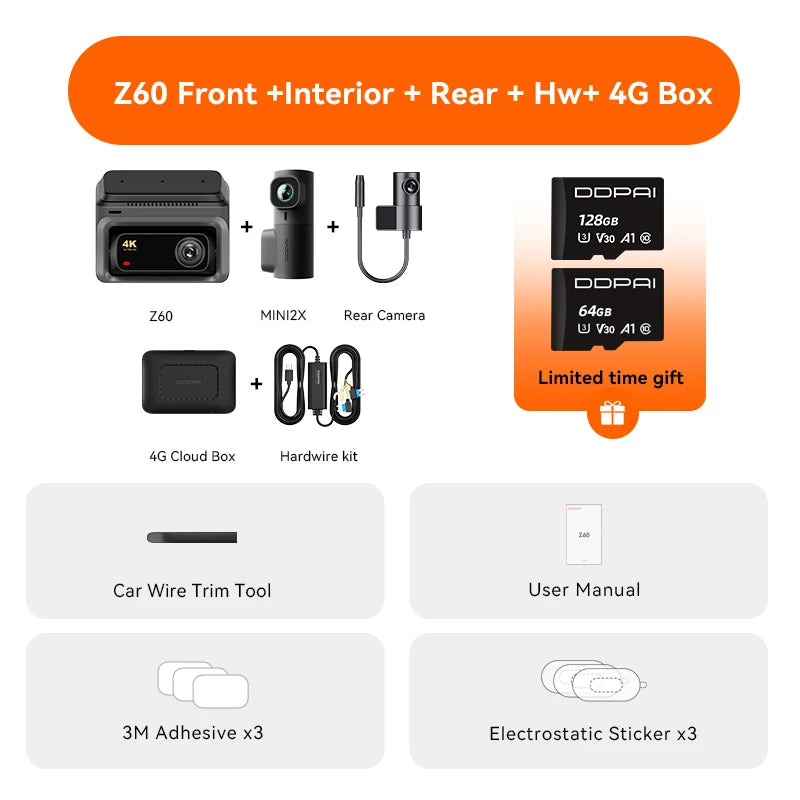 3-Channel Dash Cam GPS WiFi ADAS 24H Parking Monitor