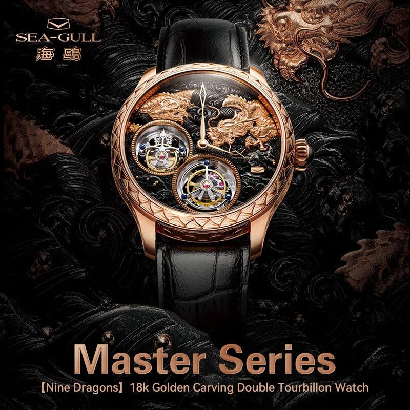 Doppel-Tourbillon, mechanische Armbanduhr mit Handaufzug, 18K Roségold