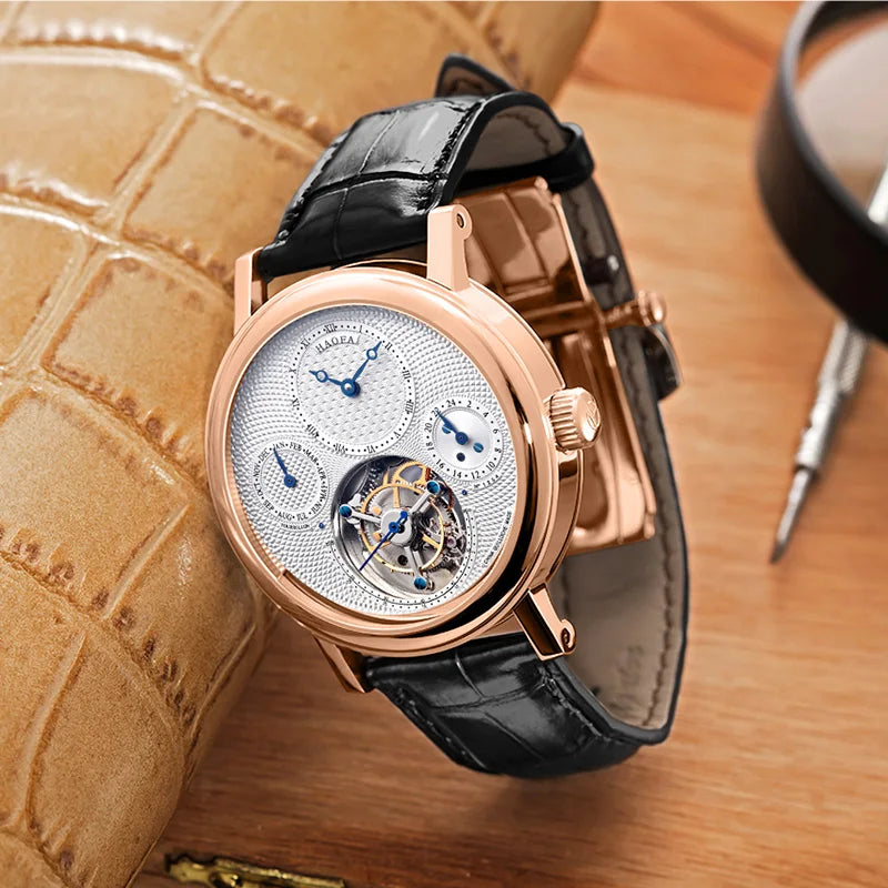 18K Solid Gold Luxury Tourbillon Watch for Men Multi-layered Textured Dial Manual Mechanical Watch Sapphire Business K009