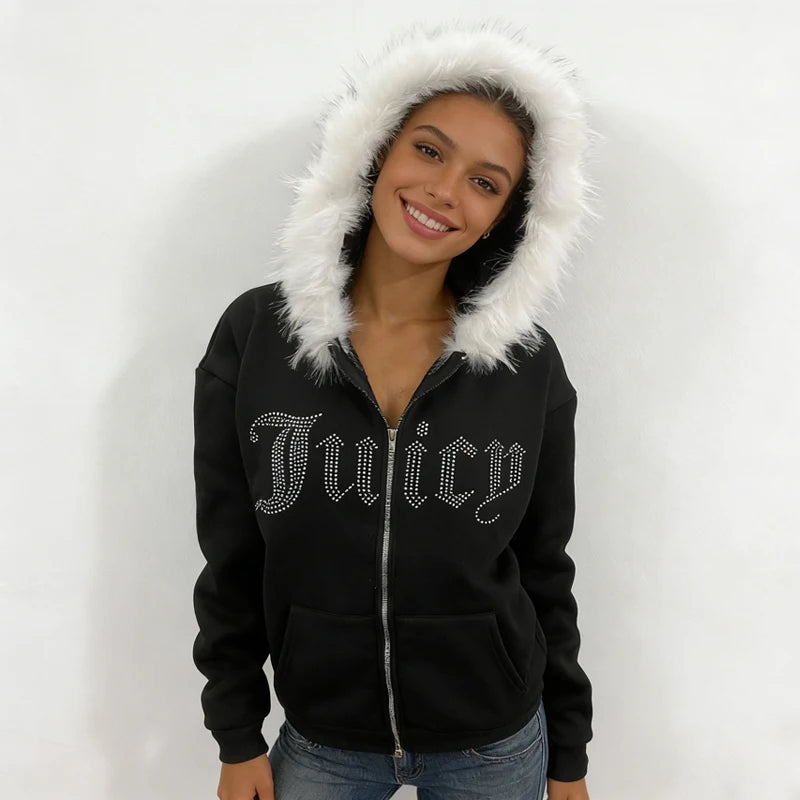 Retro Letter Print Fur Collar Zip Sweatshirt Jacket Unisex